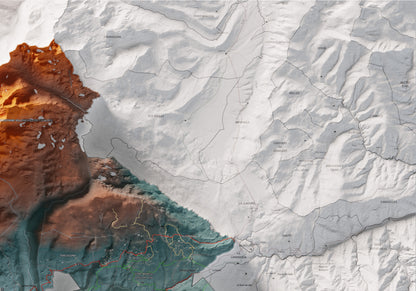 Mapa de relieve de la Alta Cerdanya, con el territorio en color y el entorno en blanco. Detalle de la zona superior derecha. 70 × 100 cm. Estilo Contrastado.