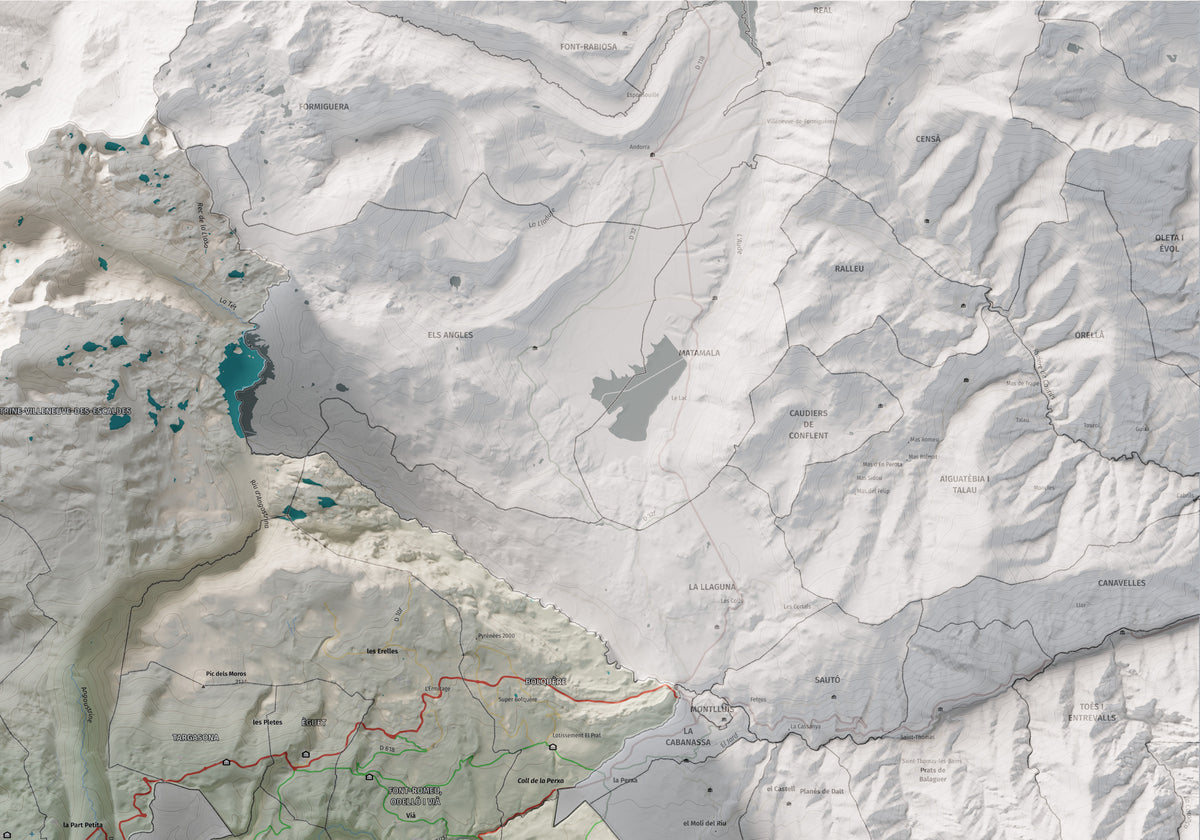 Mapa de relieve de la Alta Cerdanya, con el territorio en color y el entorno en blanco. Detalle de la zona superior derecha. 70 × 100 cm. Estilo Cartográfico.