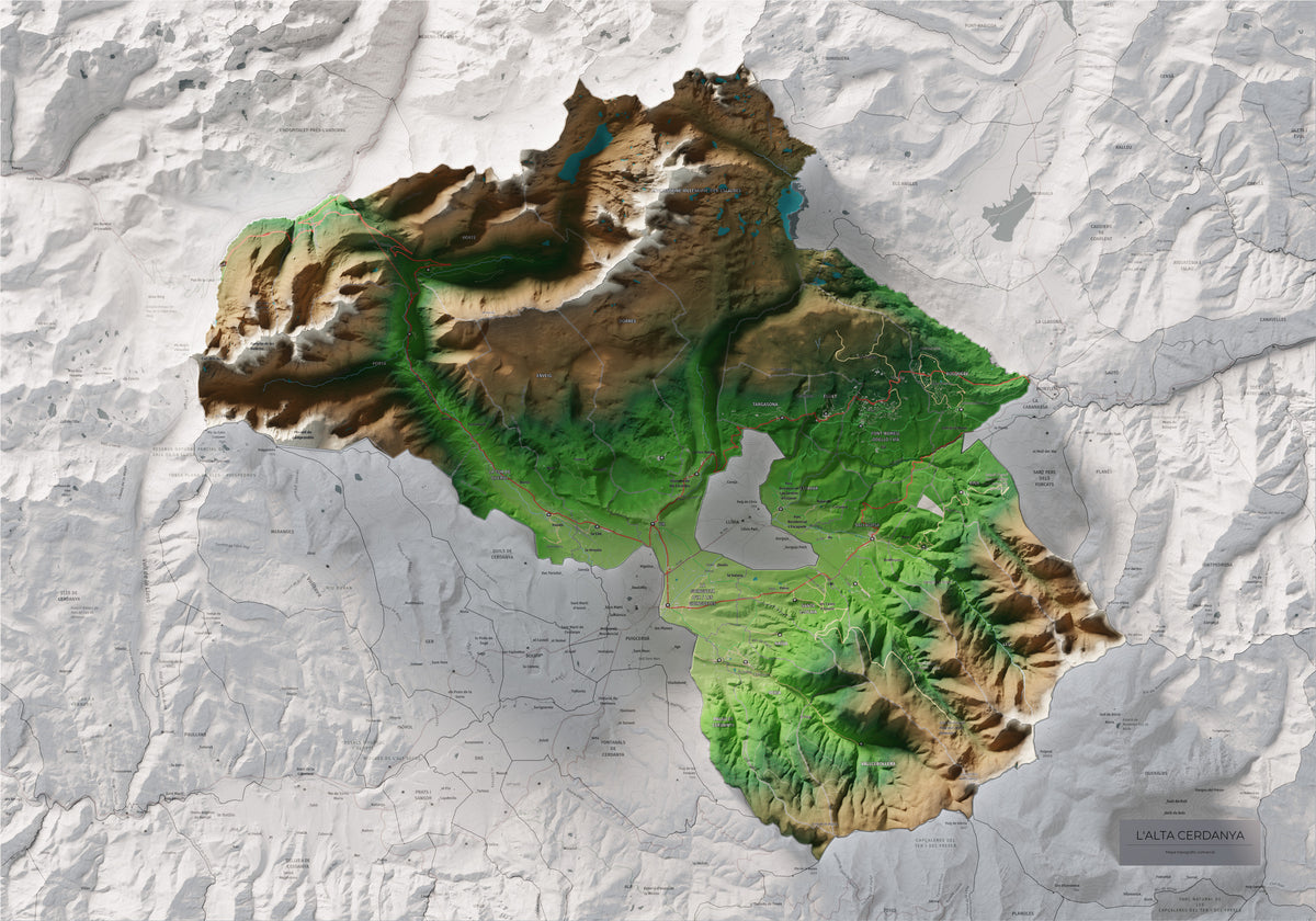 Mapa de relieve de la Alta Cerdanya, con el territorio en color y el entorno en blanco. Vista completa de la lámina. 70 × 100 cm. Estilo Clásico.