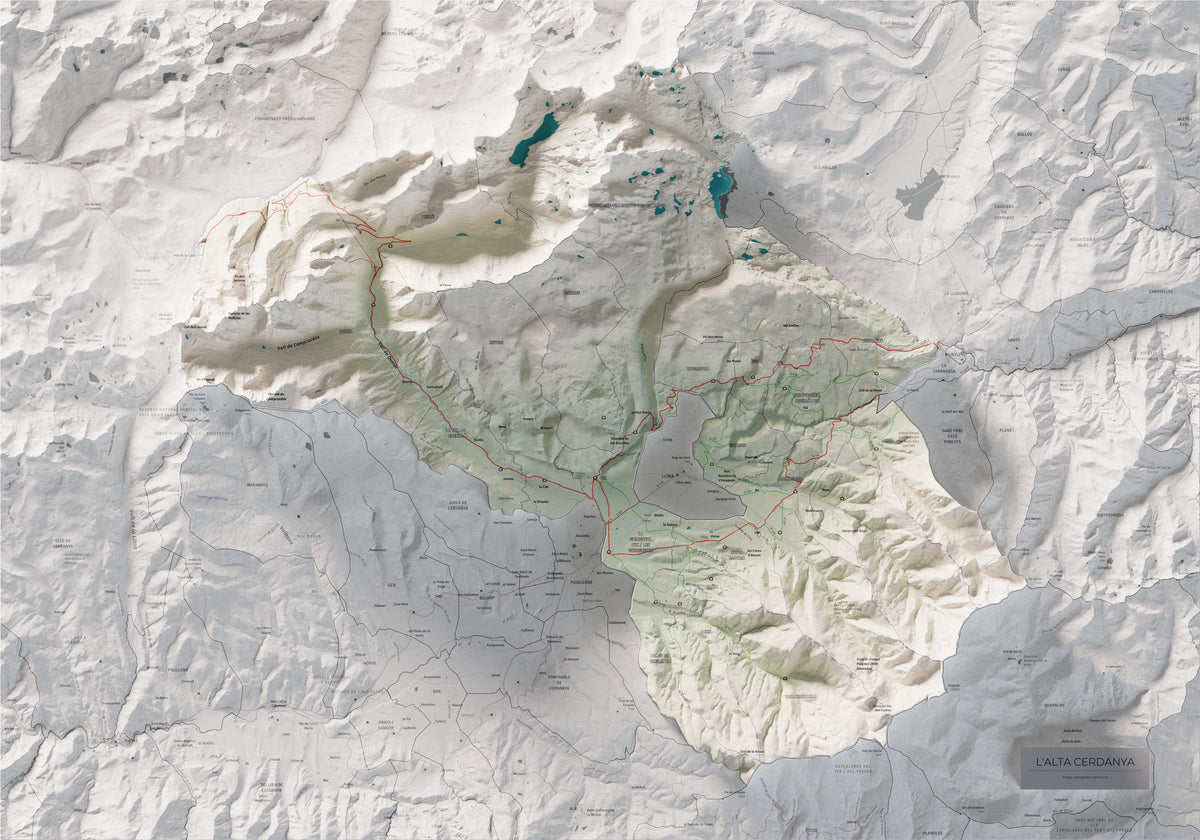 Mapa de relieve de la Alta Cerdanya, con el territorio en color y el entorno en blanco. Vista completa de la lámina. 70 × 100 cm. Estilo Cartográfico.