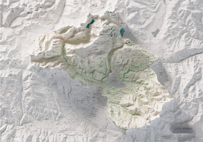 Mapa de relieve de la Alta Cerdanya, con el territorio en color y el entorno en blanco. Vista completa de la lámina. 70 × 100 cm. Estilo Cartográfico.