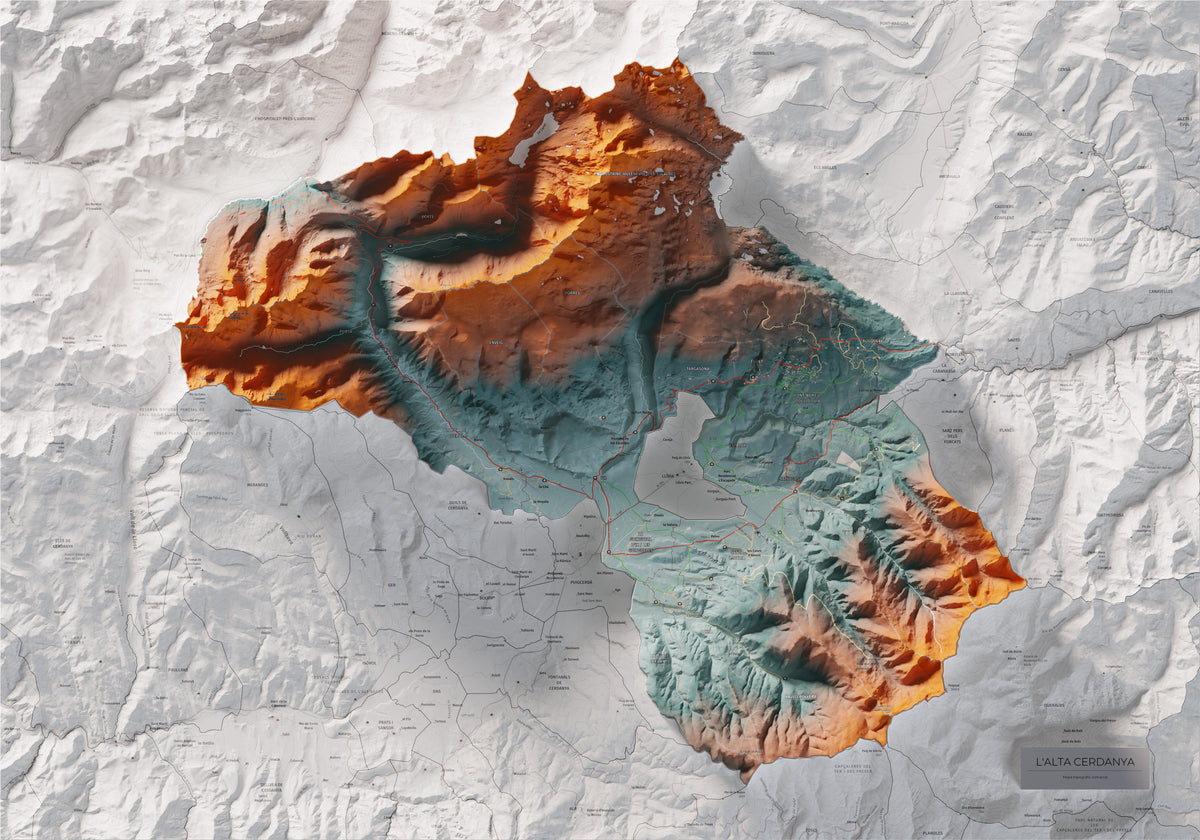 Mapa de relieve de la Alta Cerdanya, con el territorio en color y el entorno en blanco. Vista completa de la lámina. 70 × 100 cm. Estilo Contrastado.