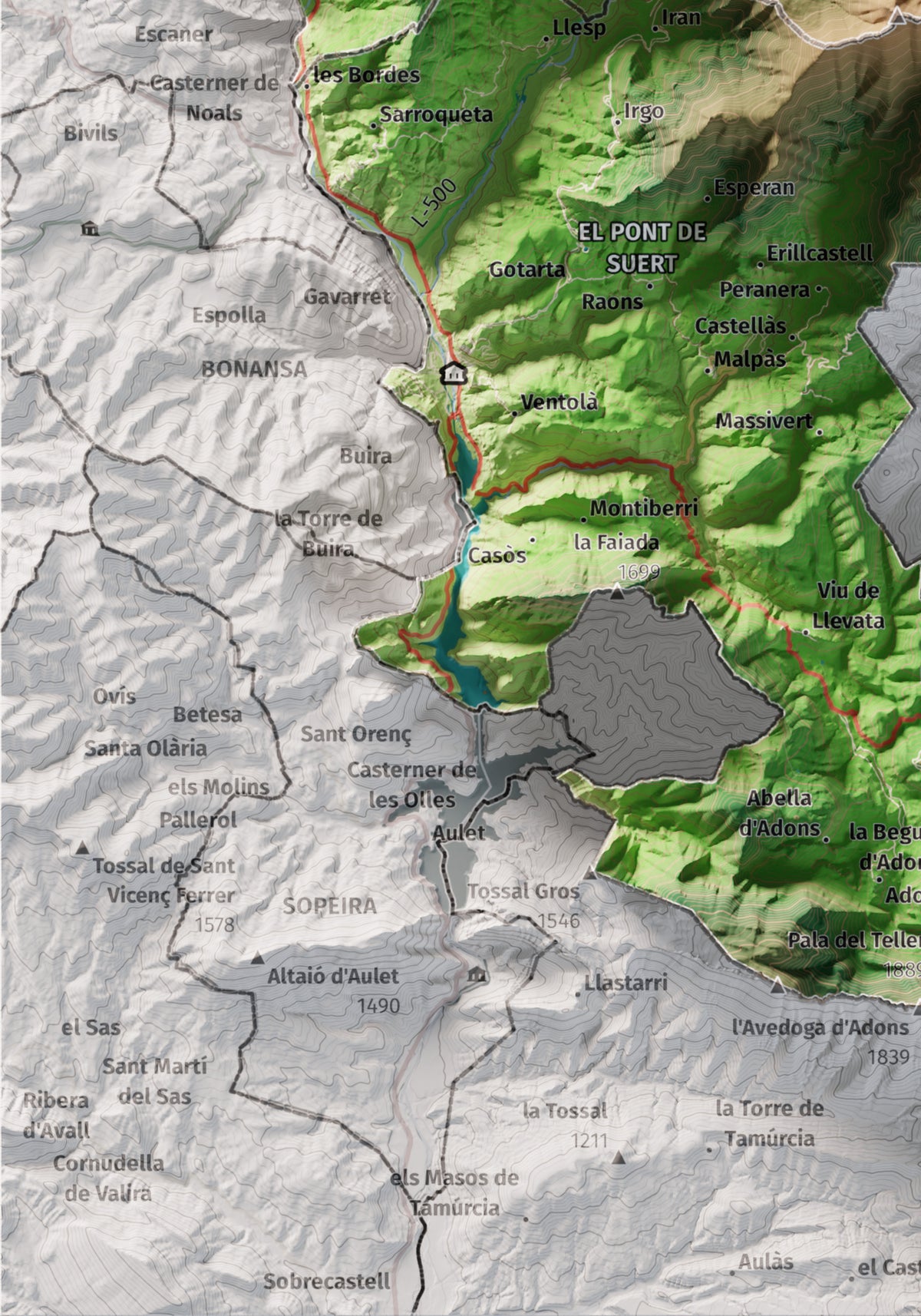 Mapa de relleu de l’Alta Ribagorça, amb el territori en color i l’entorn en blanc. Detall de la part inferior esquerra. 21 × 30 cm. Estil Clàssic.