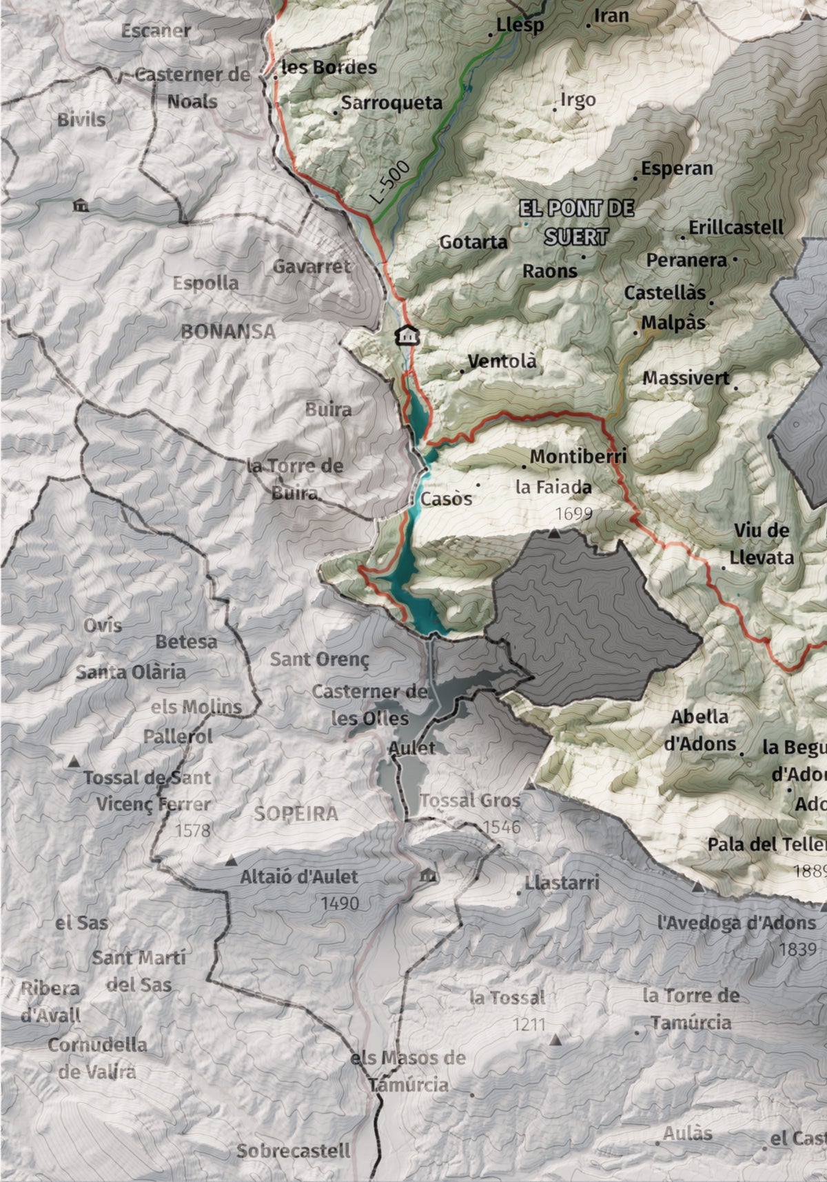 Mapa de relleu de l’Alta Ribagorça, amb el territori en color i l’entorn en blanc. Detall de la part inferior esquerra. 21 × 30 cm. Estil Cartogràfic.