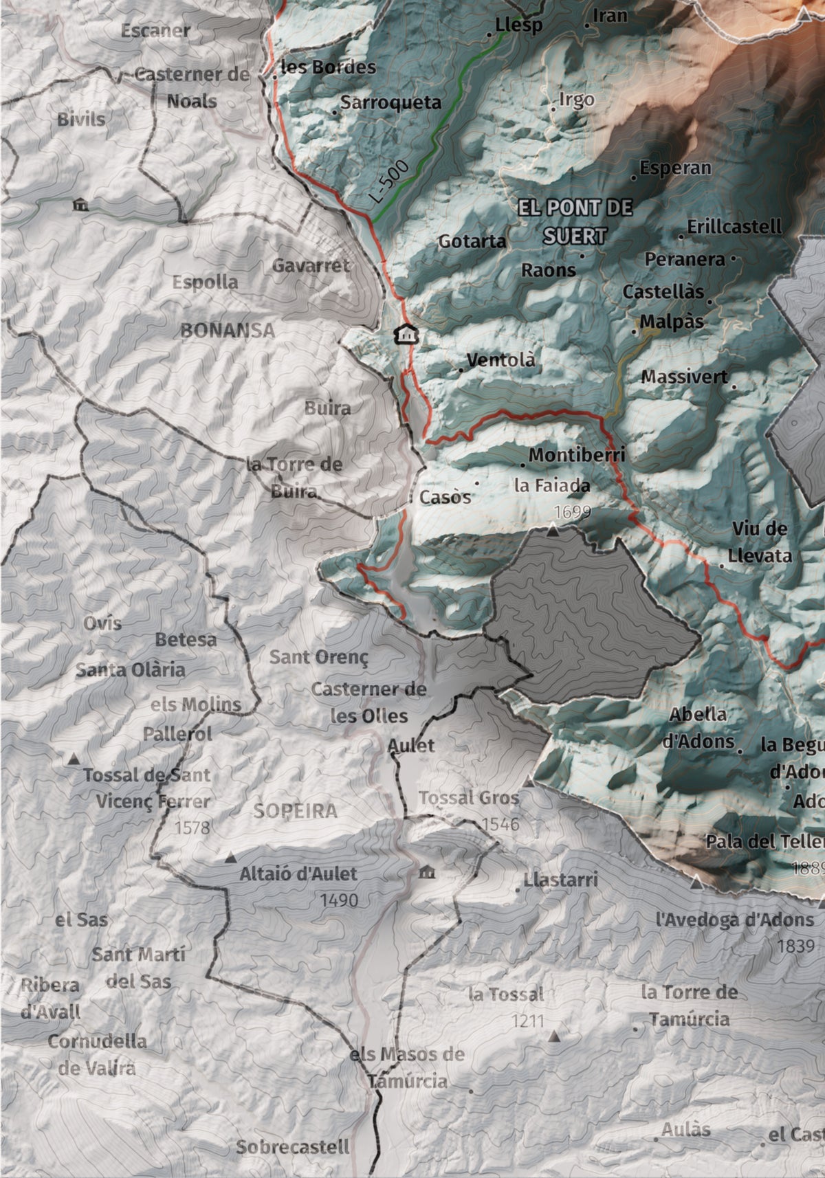 Mapa de relleu de l’Alta Ribagorça, amb el territori en color i l’entorn en blanc. Detall de la part inferior esquerra. 21 × 30 cm. Estil Blau i taronja.