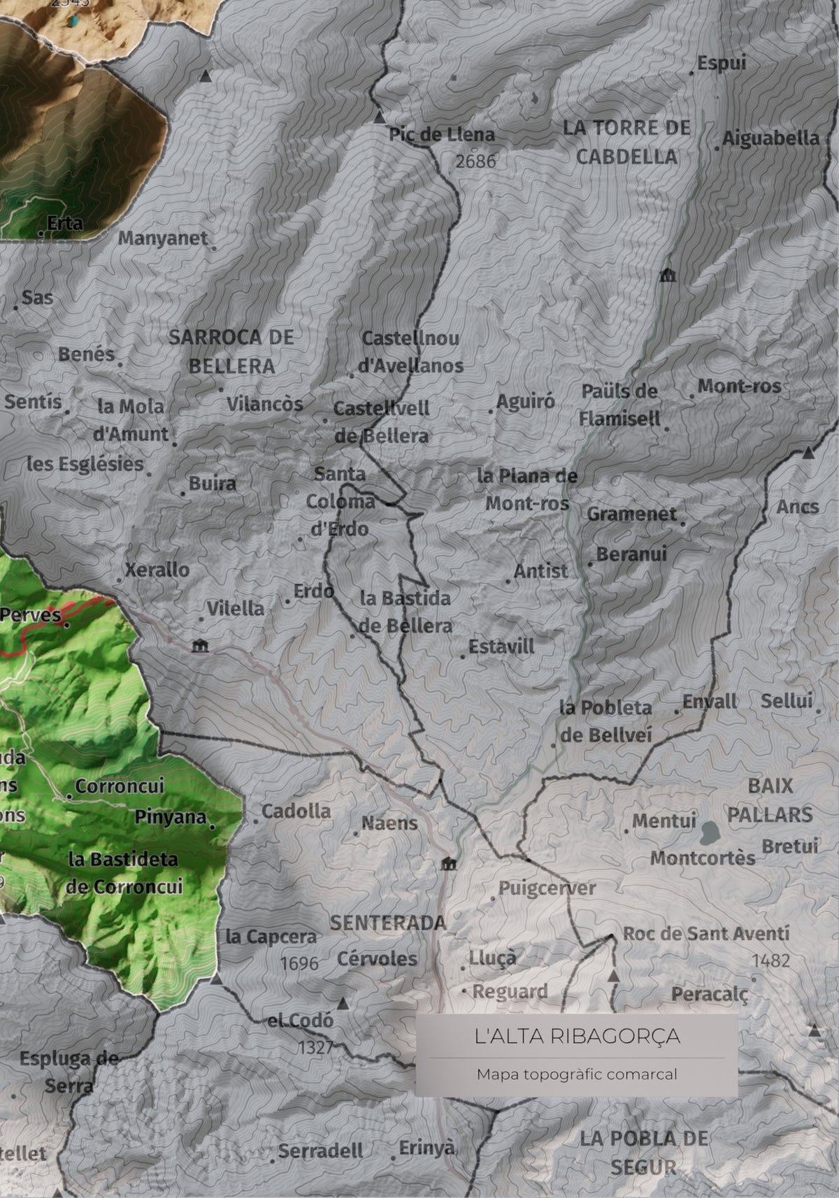 Mapa de relleu de l’Alta Ribagorça, amb el territori en color i l’entorn en blanc. Detall de la part inferior dreta. 21 × 30 cm. Estil Clàssic.