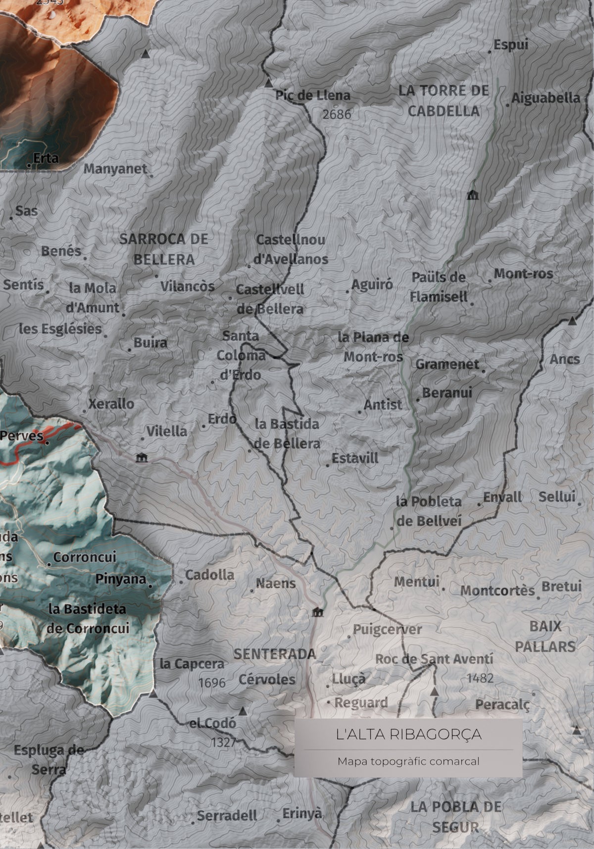 Mapa de relleu de l’Alta Ribagorça, amb el territori en color i l’entorn en blanc. Detall de la part inferior dreta. 21 × 30 cm. Estil Blau i taronja.