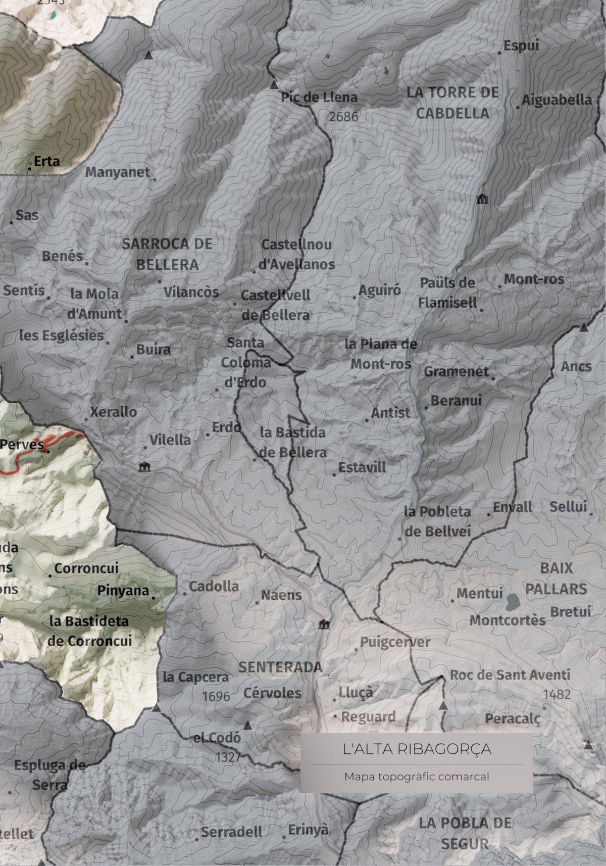 Mapa de relleu de l’Alta Ribagorça, amb el territori en color i l’entorn en blanc. Detall de la part inferior dreta. 21 × 30 cm. Estil Cartogràfic.