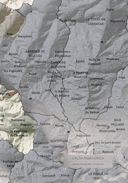 Mapa de relleu de l’Alta Ribagorça, amb el territori en color i l’entorn en blanc. Detall de la part inferior dreta. 21 × 30 cm. Estil Cartogràfic.