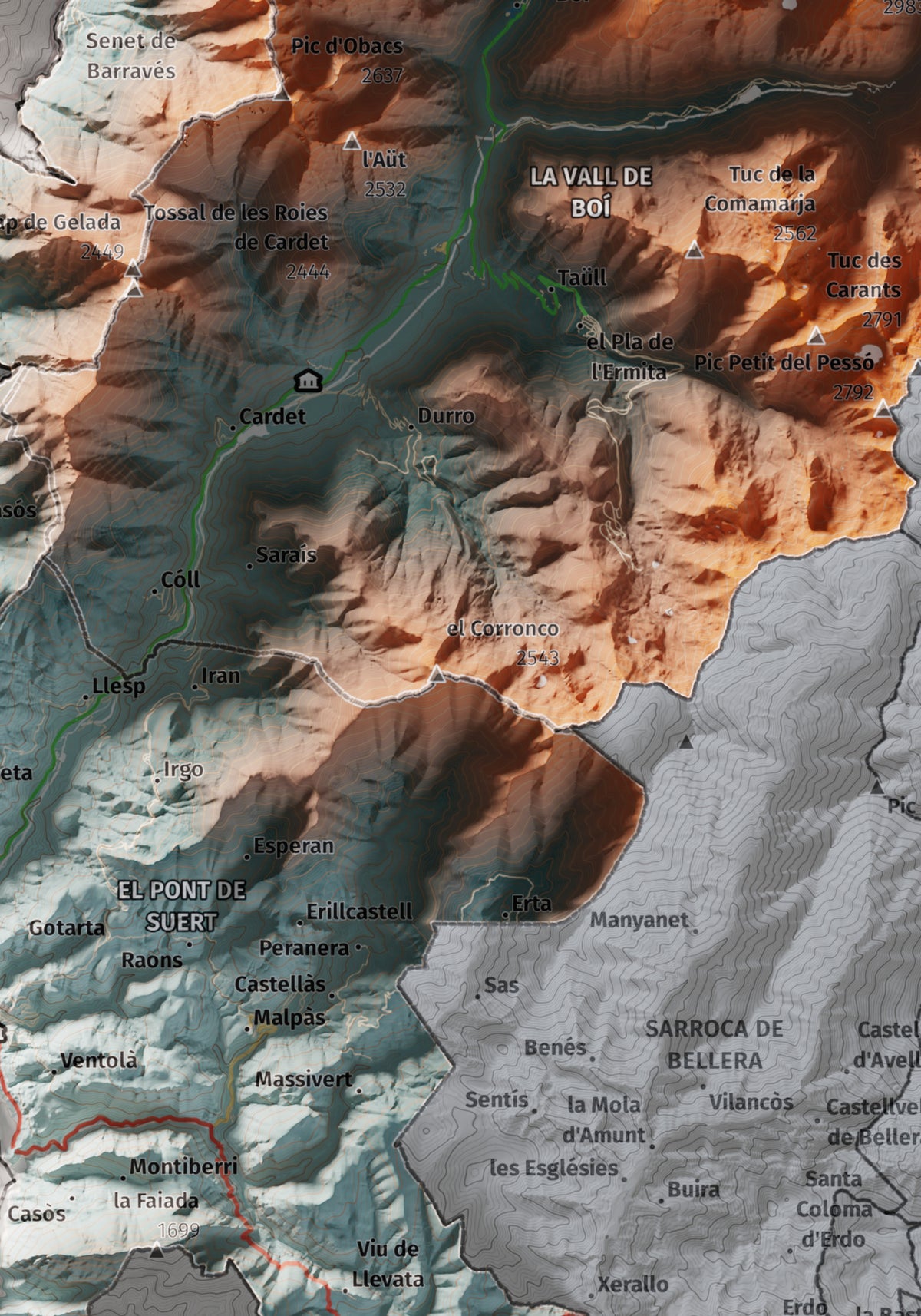 Mapa de relleu de l’Alta Ribagorça, amb el territori en color i l’entorn en blanc. Detall de la part central. 21 × 30 cm. Estil Blau i taronja.