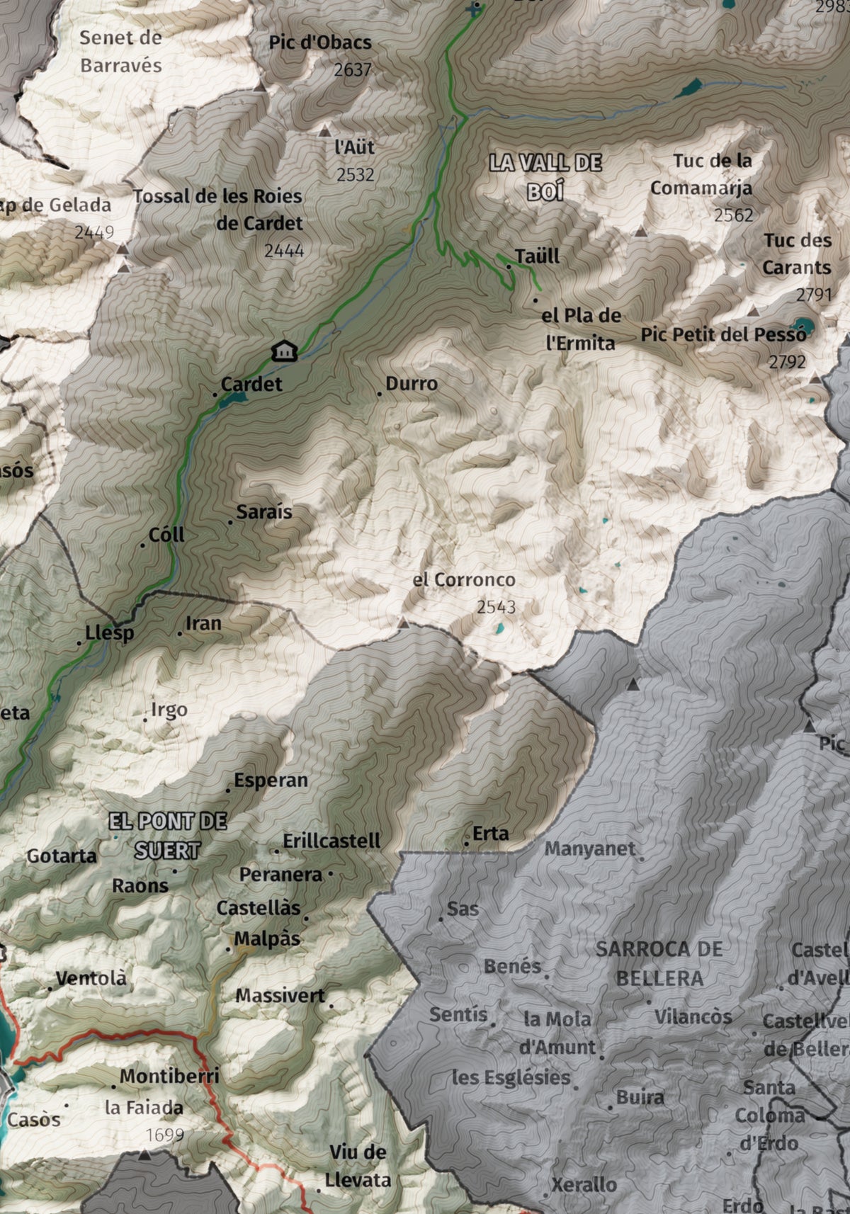 Mapa de relleu de l’Alta Ribagorça, amb el territori en color i l’entorn en blanc. Detall de la part central. 21 × 30 cm. Estil Cartogràfic.