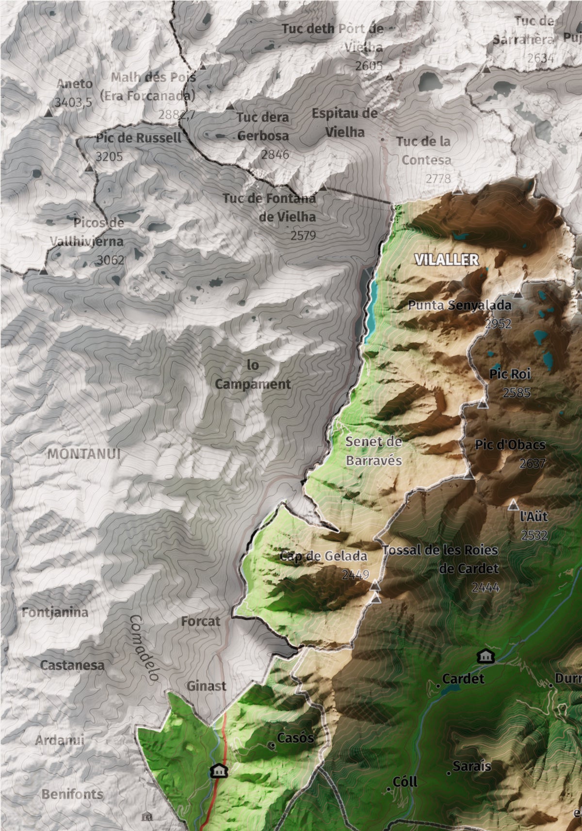 Mapa de relleu de l’Alta Ribagorça, amb el territori en color i l’entorn en blanc. Detall de la part superior esquerra. 21 × 30 cm. Estil Clàssic.