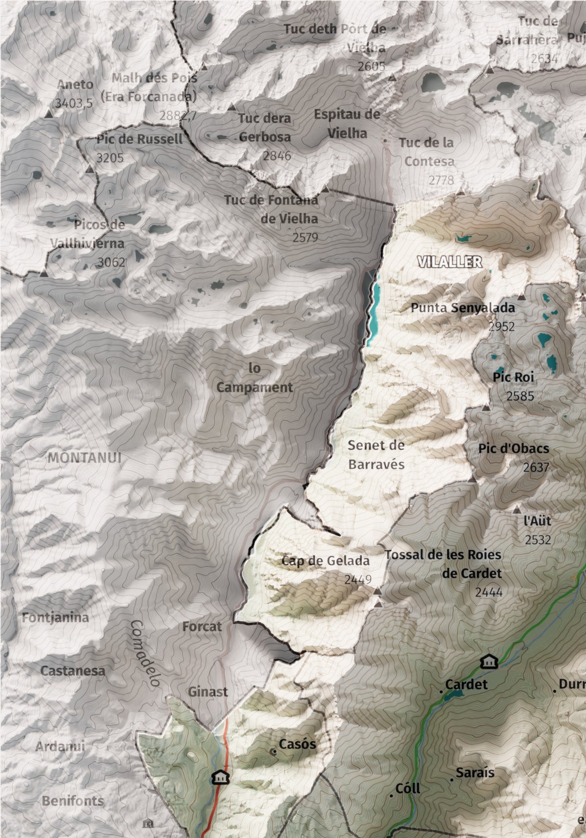 Mapa de relleu de l’Alta Ribagorça, amb el territori en color i l’entorn en blanc. Detall de la part superior esquerra. 21 × 30 cm. Estil Cartogràfic.