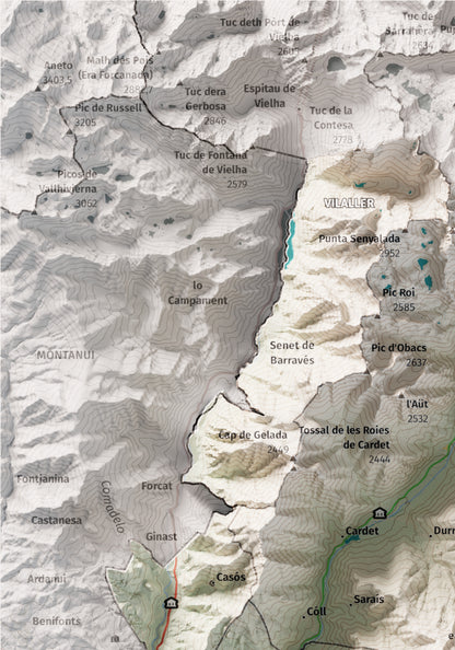 Mapa de relleu de l’Alta Ribagorça, amb el territori en color i l’entorn en blanc. Detall de la part superior esquerra. 21 × 30 cm. Estil Cartogràfic.