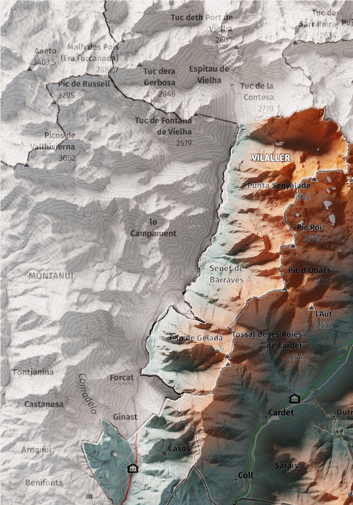 Mapa de relleu de l’Alta Ribagorça, amb el territori en color i l’entorn en blanc. Detall de la part superior esquerra. 21 × 30 cm. Estil Blau i taronja.