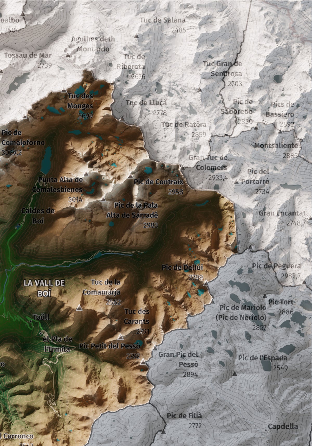 Mapa de relleu de l’Alta Ribagorça, amb el territori en color i l’entorn en blanc. Detall de la part superior dreta. 21 × 30 cm. Estil Clàssic.