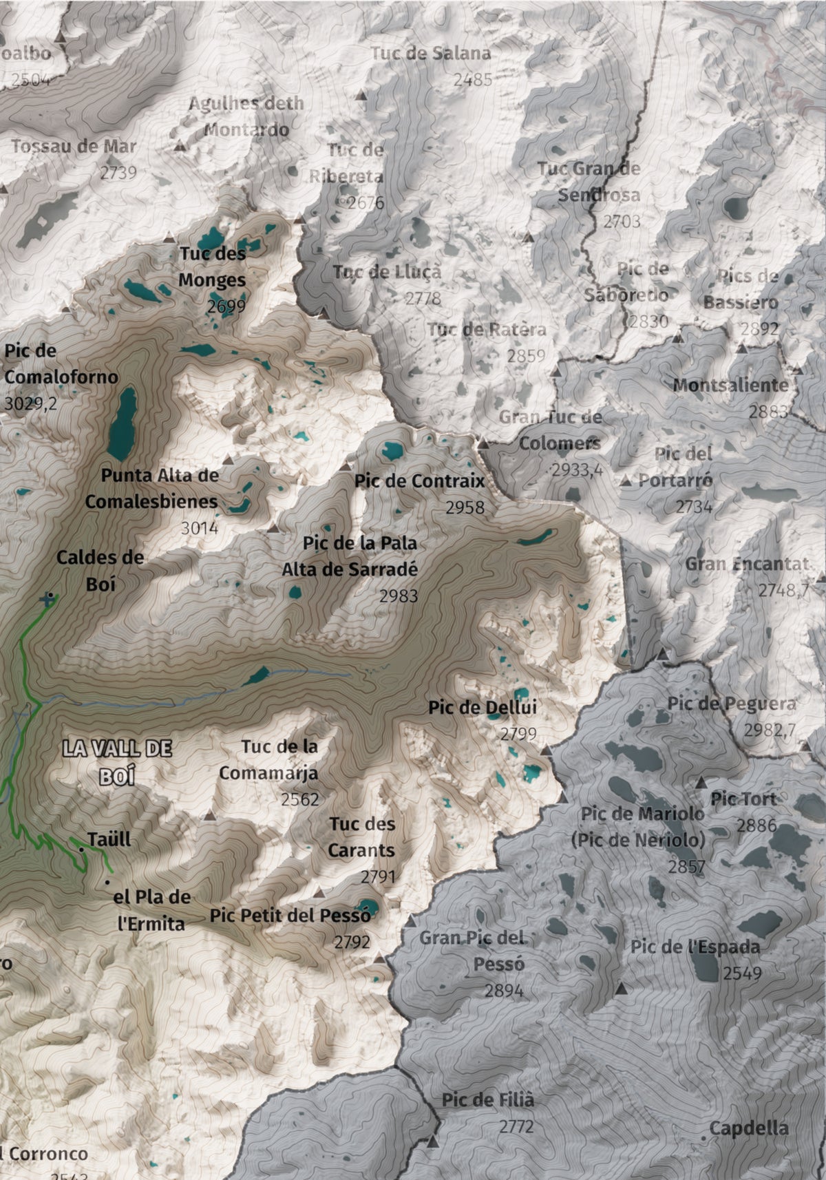 Mapa de relleu de l’Alta Ribagorça, amb el territori en color i l’entorn en blanc. Detall de la part superior dreta. 21 × 30 cm. Estil Cartogràfic.
