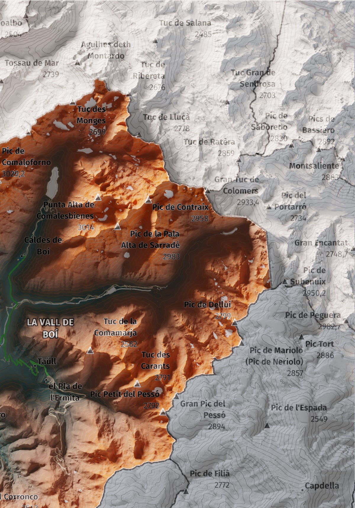 Mapa de relleu de l’Alta Ribagorça, amb el territori en color i l’entorn en blanc. Detall de la part superior dreta. 21 × 30 cm. Estil Blau i taronja.