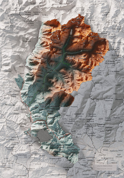 Mapa de relleu de l’Alta Ribagorça, amb el territori en color i l’entorn en blanc. Vista completa de la làmina. 21 × 30 cm. Estil Blau i taronja.