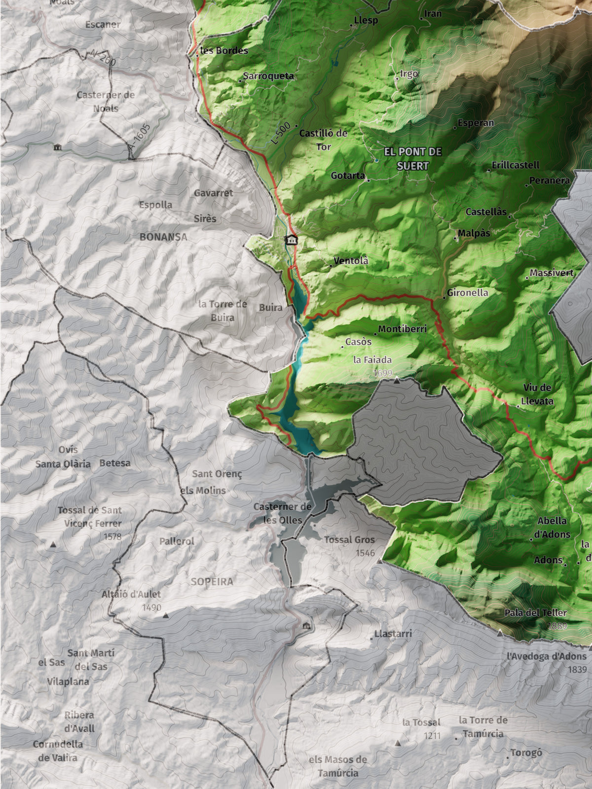 Mapa de relleu de l’Alta Ribagorça, amb el territori en color i l’entorn en blanc. Detall de la part inferior esquerra. 30 × 40 cm. Estil Clàssic.
