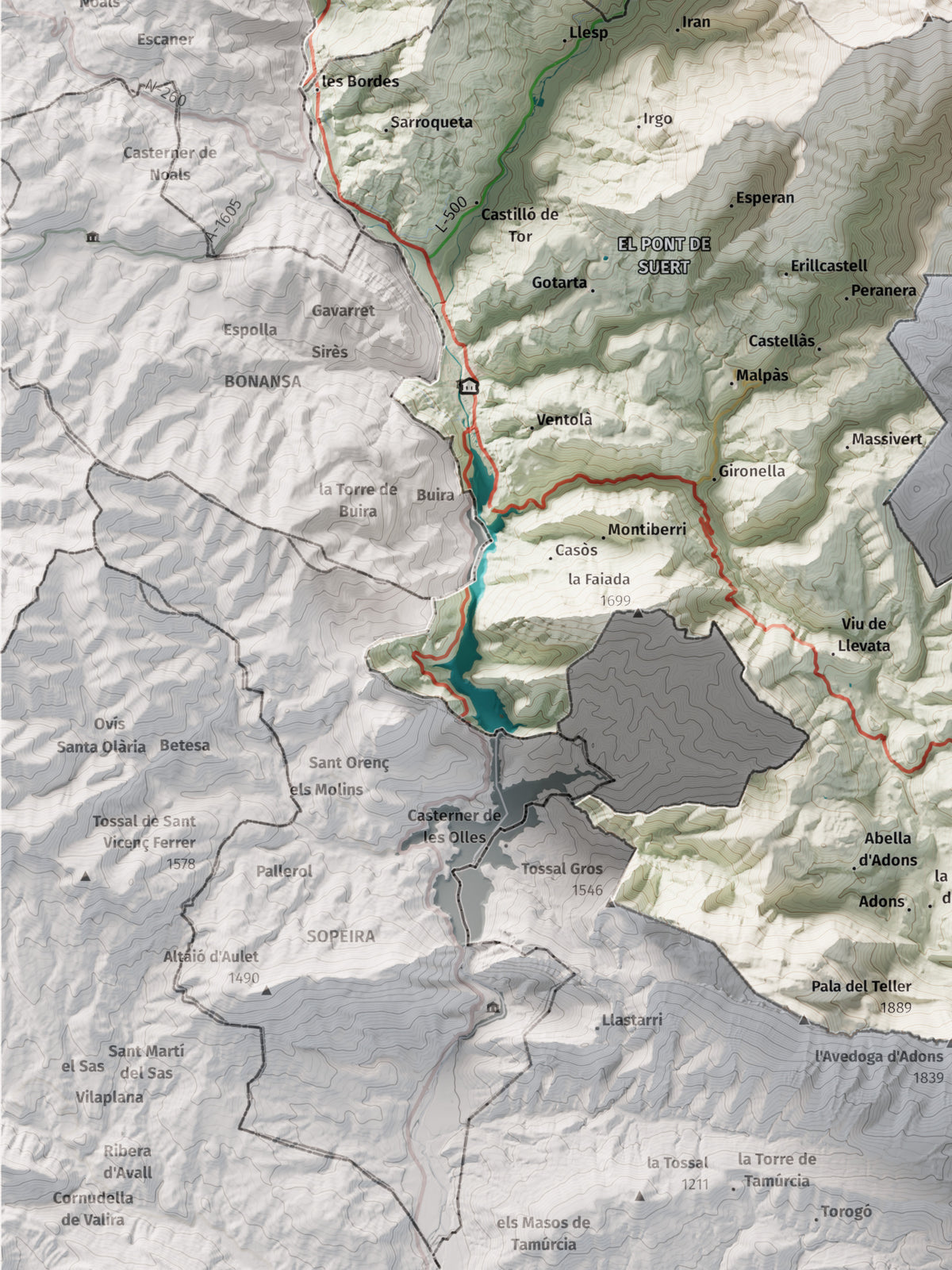 Mapa de relleu de l’Alta Ribagorça, amb el territori en color i l’entorn en blanc. Detall de la part inferior esquerra. 30 × 40 cm. Estil Cartogràfic.