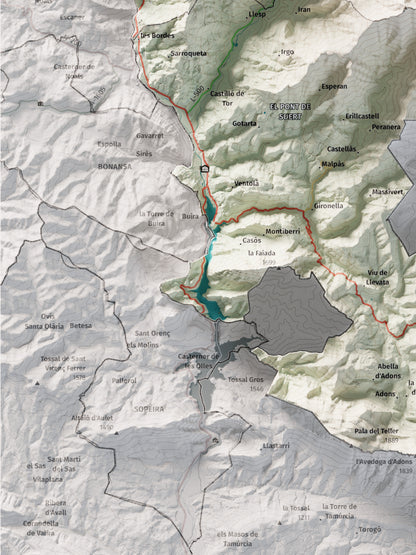 Mapa de relleu de l’Alta Ribagorça, amb el territori en color i l’entorn en blanc. Detall de la part inferior esquerra. 30 × 40 cm. Estil Cartogràfic.