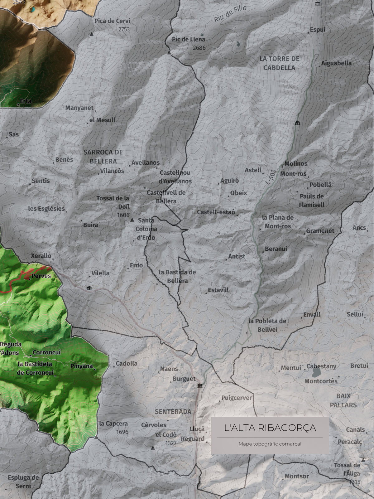 Mapa de relleu de l’Alta Ribagorça, amb el territori en color i l’entorn en blanc. Detall de la part inferior dreta. 30 × 40 cm. Estil Clàssic.