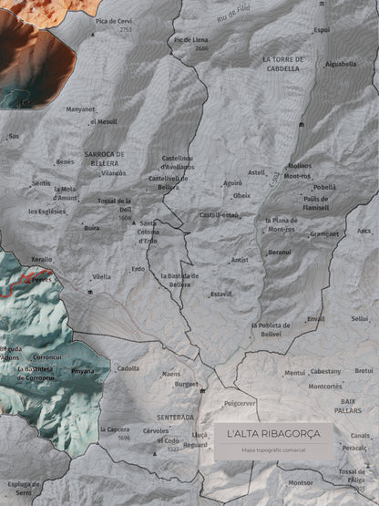 Mapa de relleu de l’Alta Ribagorça, amb el territori en color i l’entorn en blanc. Detall de la part inferior dreta. 30 × 40 cm. Estil Blau i taronja.