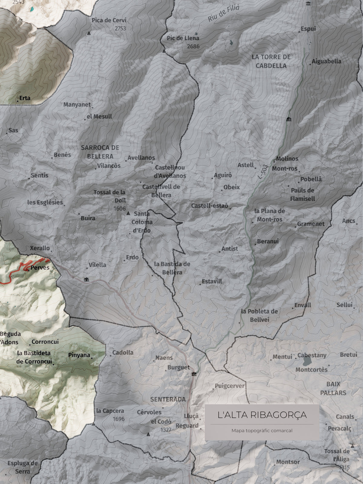 Mapa de relleu de l’Alta Ribagorça, amb el territori en color i l’entorn en blanc. Detall de la part inferior dreta. 30 × 40 cm. Estil Cartogràfic.