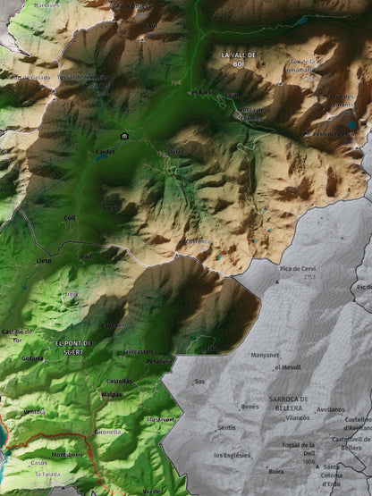 Mapa de relleu de l’Alta Ribagorça, amb el territori en color i l’entorn en blanc. Detall de la part central. 30 × 40 cm. Estil Clàssic.