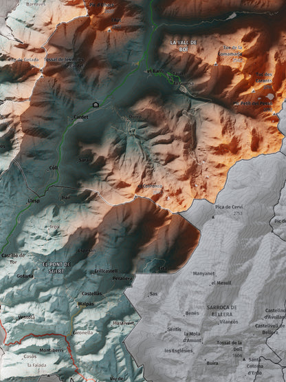Mapa de relleu de l’Alta Ribagorça, amb el territori en color i l’entorn en blanc. Detall de la part central. 30 × 40 cm. Estil Blau i taronja.
