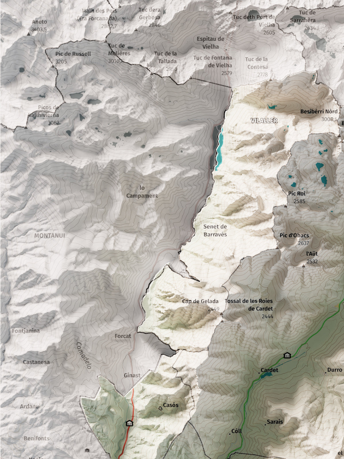 Mapa de relleu de l’Alta Ribagorça, amb el territori en color i l’entorn en blanc. Detall de la part superior esquerra. 30 × 40 cm. Estil Cartogràfic.