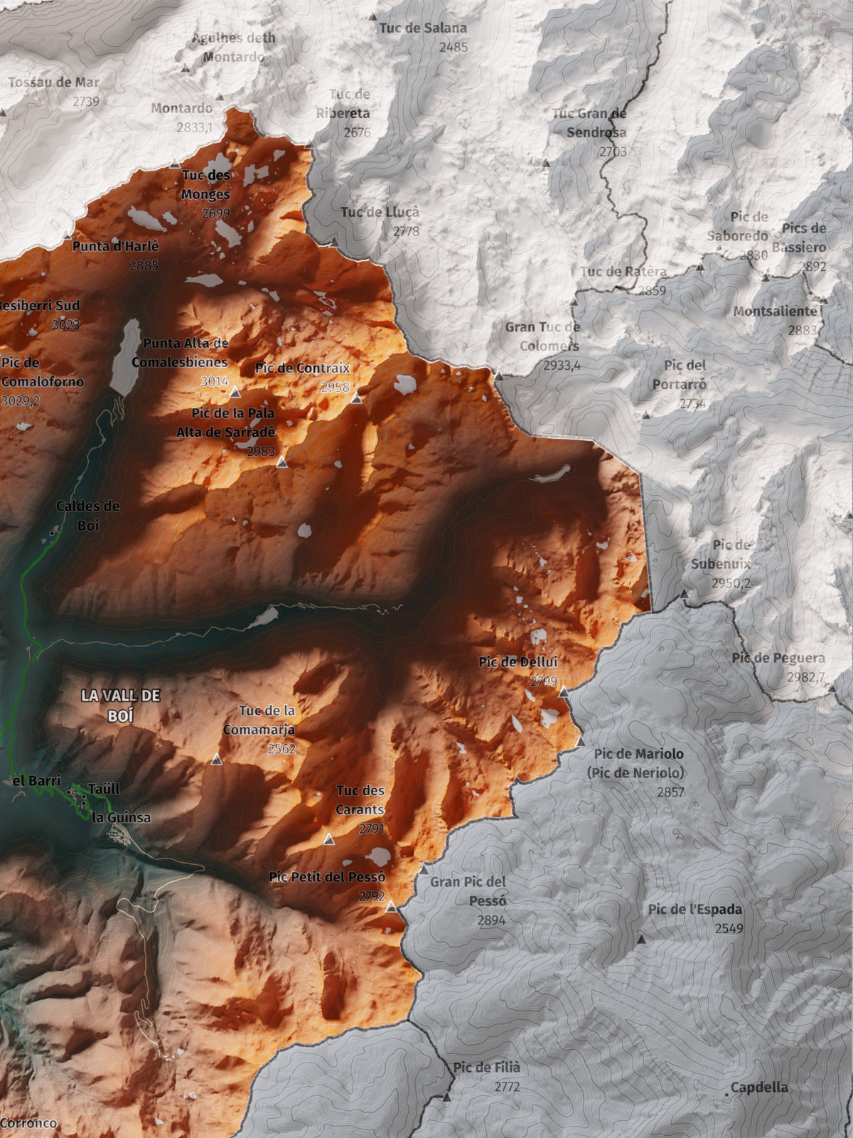 Mapa de relleu de l’Alta Ribagorça, amb el territori en color i l’entorn en blanc. Detall de la part superior dreta. 30 × 40 cm. Estil Blau i taronja.
