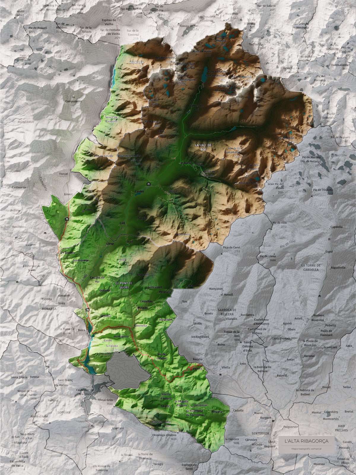 Mapa de relleu de l’Alta Ribagorça, amb el territori en color i l’entorn en blanc. Vista completa de la làmina. 30 × 40 cm. Estil Clàssic.