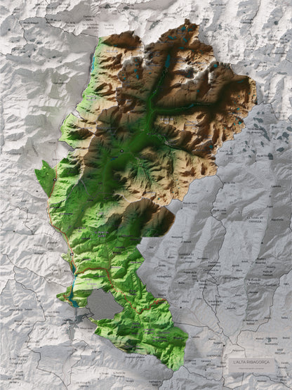 Mapa de relleu de l’Alta Ribagorça, amb el territori en color i l’entorn en blanc. Vista completa de la làmina. 30 × 40 cm. Estil Clàssic.