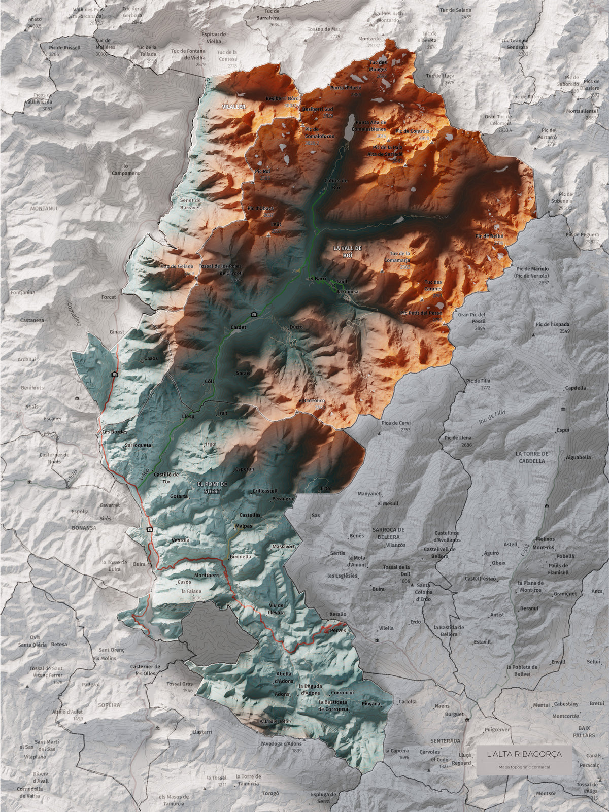 Mapa de relleu de l’Alta Ribagorça, amb el territori en color i l’entorn en blanc. Vista completa de la làmina. 30 × 40 cm. Estil Blau i taronja.