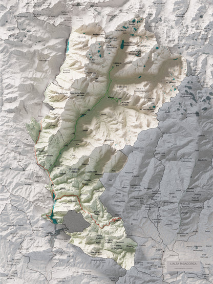 Mapa de relleu de l’Alta Ribagorça, amb el territori en color i l’entorn en blanc. Vista completa de la làmina. 30 × 40 cm. Estil Cartogràfic.