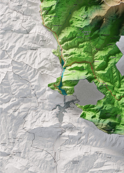 Mapa de relleu de l’Alta Ribagorça, amb el territori en color i l’entorn en blanc. Detall de la part inferior esquerra. 50 × 70 cm. Estil Clàssic.