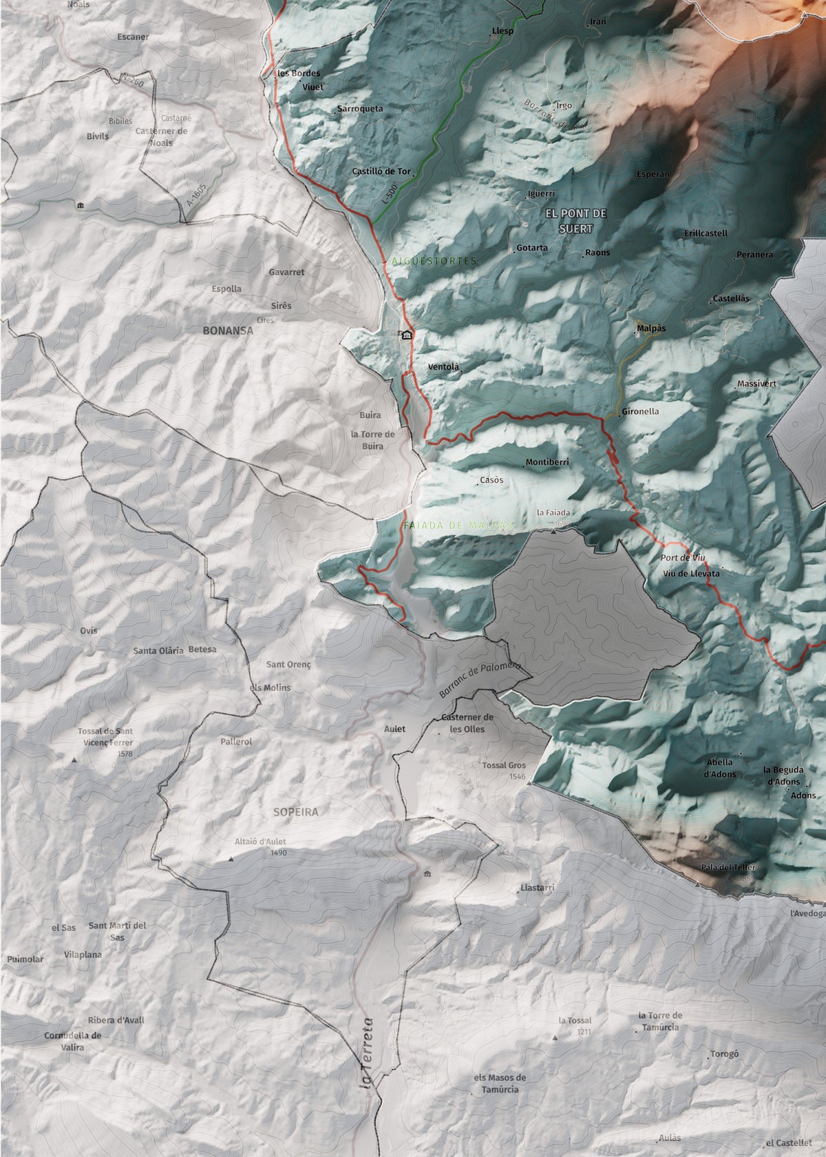Mapa de relleu de l’Alta Ribagorça, amb el territori en color i l’entorn en blanc. Detall de la part inferior esquerra. 50 × 70 cm. Estil Blau i taronja.