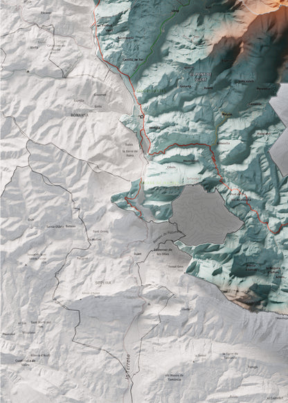 Mapa de relleu de l’Alta Ribagorça, amb el territori en color i l’entorn en blanc. Detall de la part inferior esquerra. 50 × 70 cm. Estil Blau i taronja.