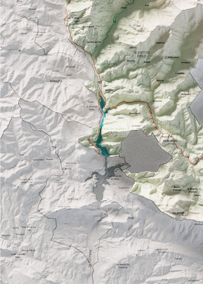 Mapa de relleu de l’Alta Ribagorça, amb el territori en color i l’entorn en blanc. Detall de la part inferior esquerra. 50 × 70 cm. Estil Cartogràfic.