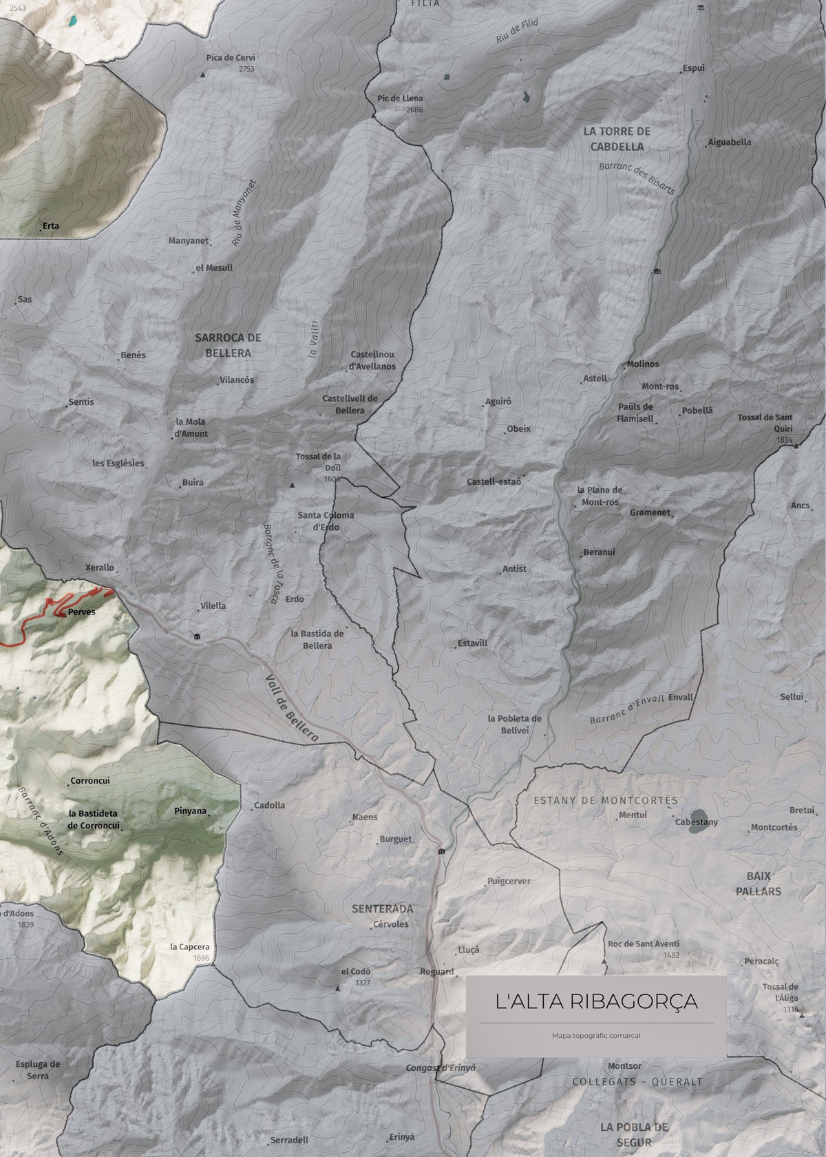 Mapa de relleu de l’Alta Ribagorça, amb el territori en color i l’entorn en blanc. Detall de la part inferior dreta. 50 × 70 cm. Estil Cartogràfic.