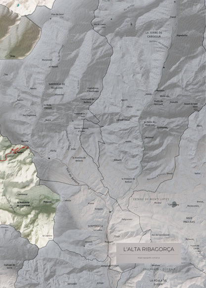 Mapa de relleu de l’Alta Ribagorça, amb el territori en color i l’entorn en blanc. Detall de la part inferior dreta. 50 × 70 cm. Estil Cartogràfic.