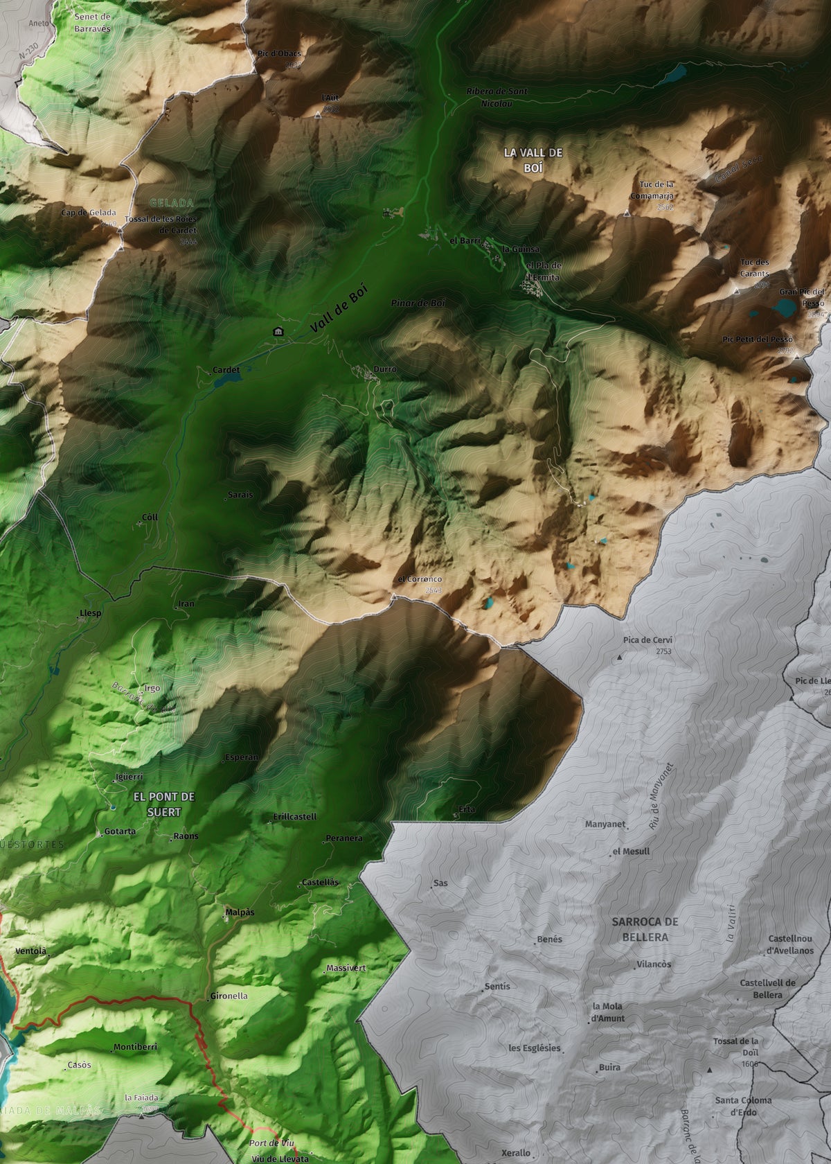 Mapa de relleu de l’Alta Ribagorça, amb el territori en color i l’entorn en blanc. Detall de la part central. 50 × 70 cm. Estil Clàssic.