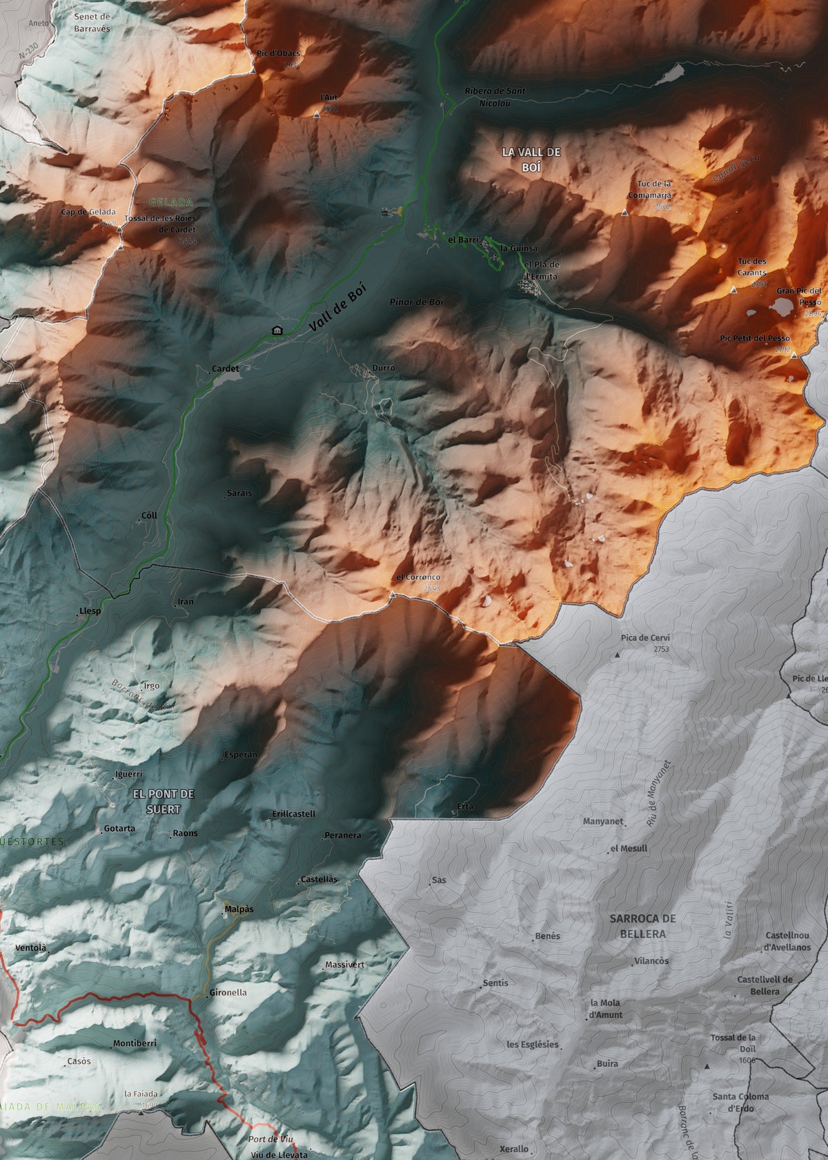 Mapa de relleu de l’Alta Ribagorça, amb el territori en color i l’entorn en blanc. Detall de la part central. 50 × 70 cm. Estil Blau i taronja.
