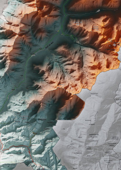 Mapa de relleu de l’Alta Ribagorça, amb el territori en color i l’entorn en blanc. Detall de la part central. 50 × 70 cm. Estil Blau i taronja.