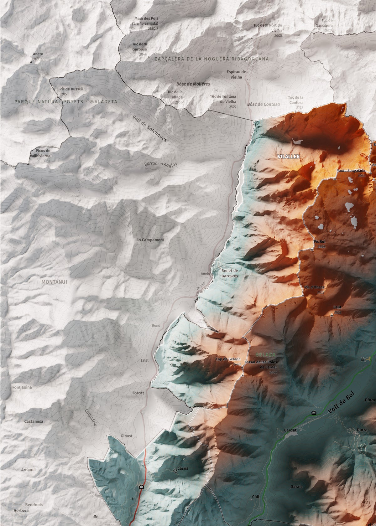 Mapa de relleu de l’Alta Ribagorça, amb el territori en color i l’entorn en blanc. Detall de la part superior esquerra. 50 × 70 cm. Estil Blau i taronja.
