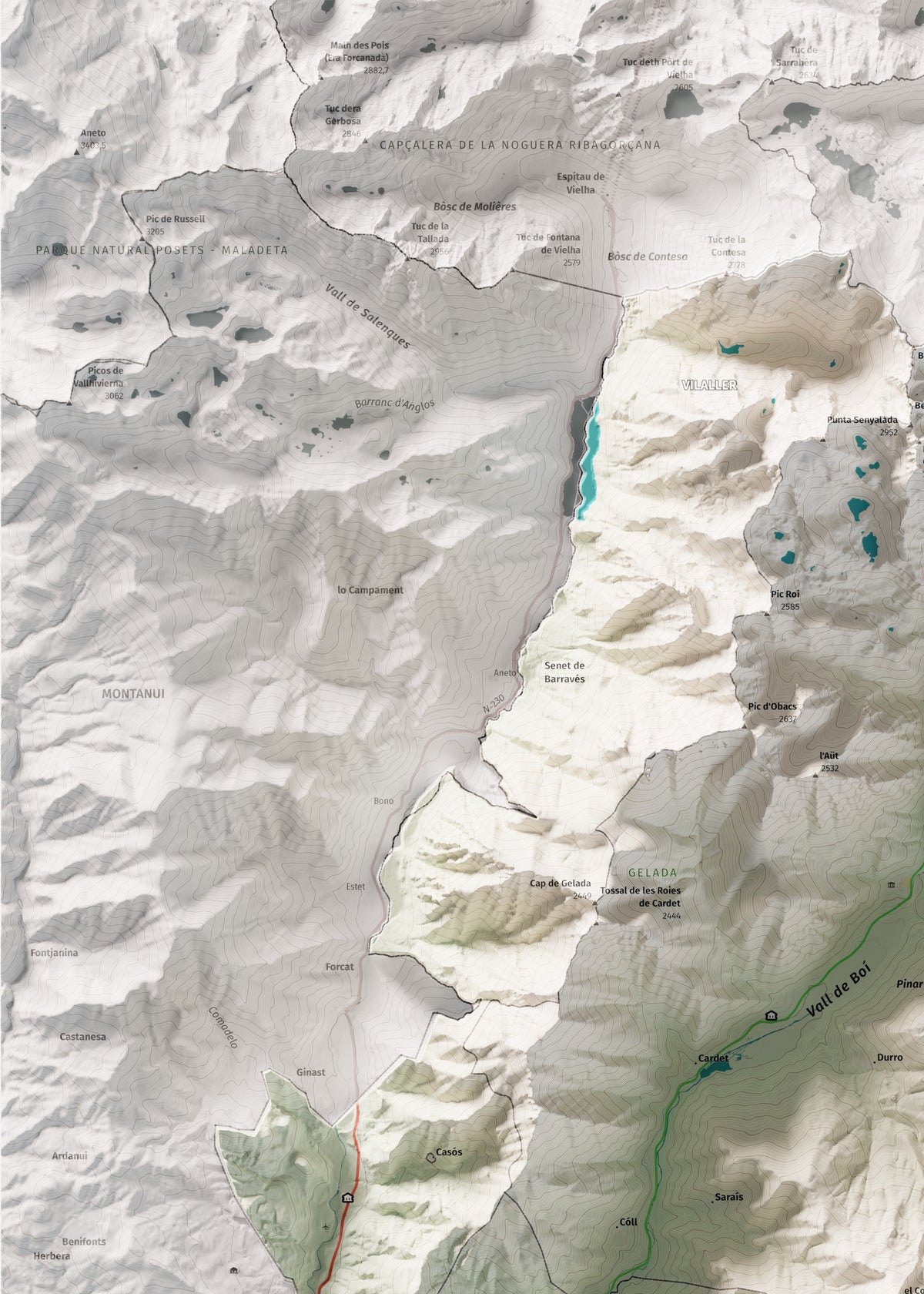 Mapa de relleu de l’Alta Ribagorça, amb el territori en color i l’entorn en blanc. Detall de la part superior esquerra. 50 × 70 cm. Estil Cartogràfic.