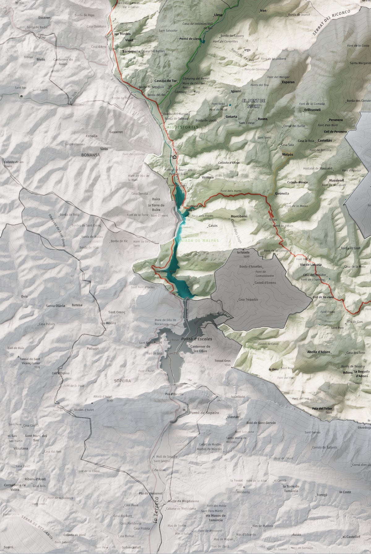 Mapa de relleu de l’Alta Ribagorça, amb el territori en color i l’entorn en blanc. Detall de la part inferior esquerra. 61 × 91 cm. Estil Cartogràfic.