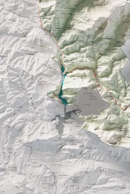 Mapa de relleu de l’Alta Ribagorça, amb el territori en color i l’entorn en blanc. Detall de la part inferior esquerra. 61 × 91 cm. Estil Cartogràfic.